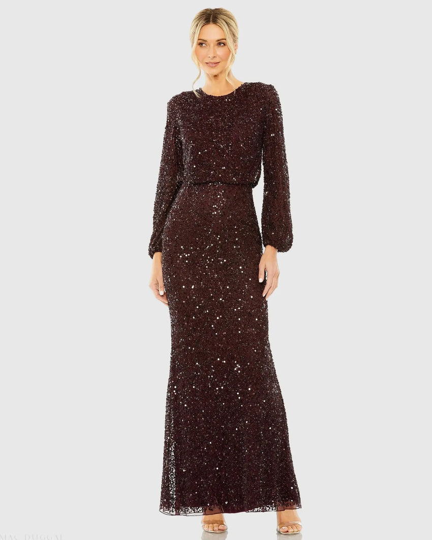 Red High Neck Long Sleeve Beaded Blouson Gown