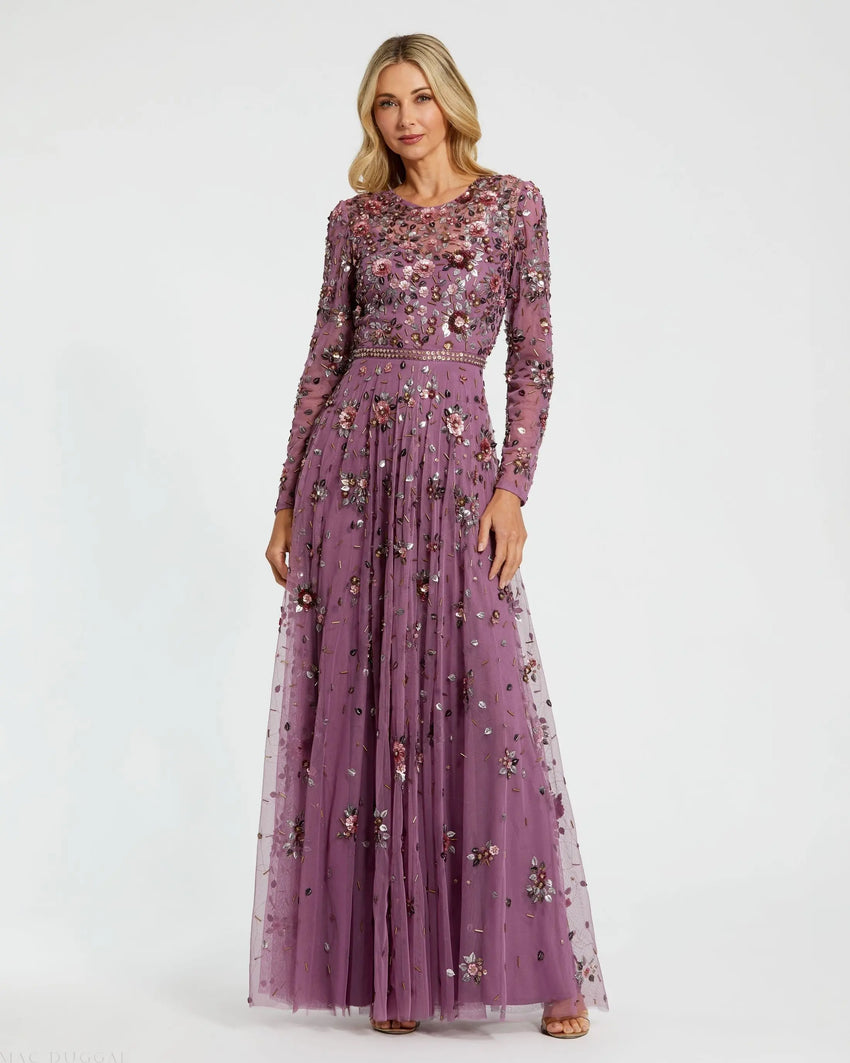 Purple Long Sleeve High Neck Beaded Gown