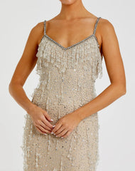 Beige V-Neck Column Gown with Fringe Embellishments