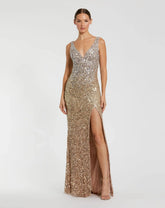 Shimmering Gold Sleeveless V-Neck Embellished Gown