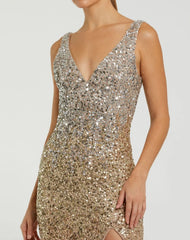Shimmering Gold Sleeveless V-Neck Embellished Gown