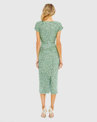 Green Sequined Cap Sleeve Wrap Over Cocktail Dress