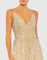 Beige Sequined Sleeveless Wrap Over A Line Gown