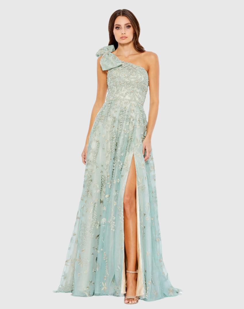 Green Embellished Bow One Shoulder A Line Gown