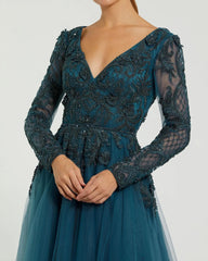 Teal Long Sleeve Embellished Tulle Gown