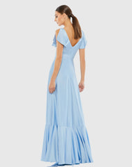 Blue Flounce Sleeve Satin Gown