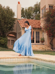 Blue Flounce Sleeve Satin Gown