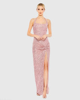 Pink Sequined Halter Strap Low Side Knot Gown