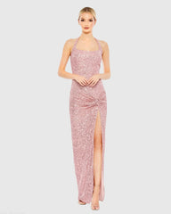 Pink Sequined Halter Strap Low Side Knot Gown