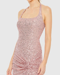 Pink Sequined Halter Strap Low Side Knot Gown