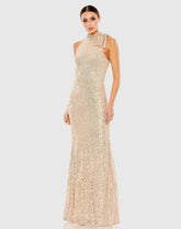 Gold Soft Tie Halter Neck Sequin Gown