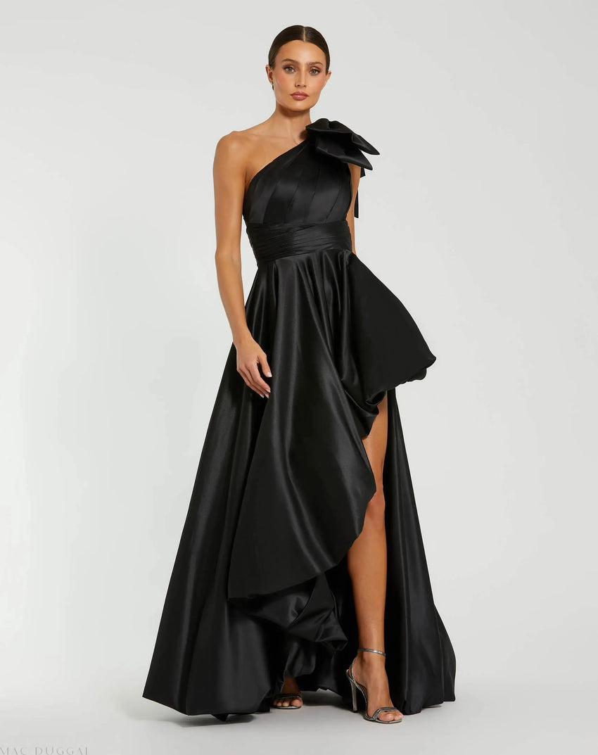 Black Satin One Shoulder Bow Gown With High-Low Hem