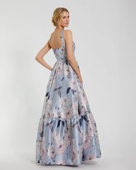 Blue Floral Printed Satin Gown with Pockets