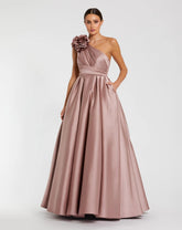 Pink One Shoulder Satin Ball Gown With 3D Flower