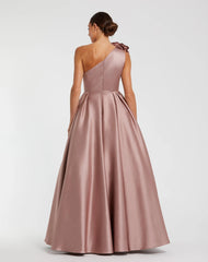 Pink One Shoulder Satin Ball Gown With 3D Flower
