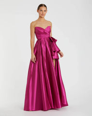 Pink Strapless Taffeta Gown with Ruffles and Slit