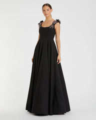 Black Crepe Sleeveless Ballgown With Rhinestone Flowers