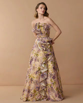 Pink Strapless Floral Ball Gown With Ruffle Detail