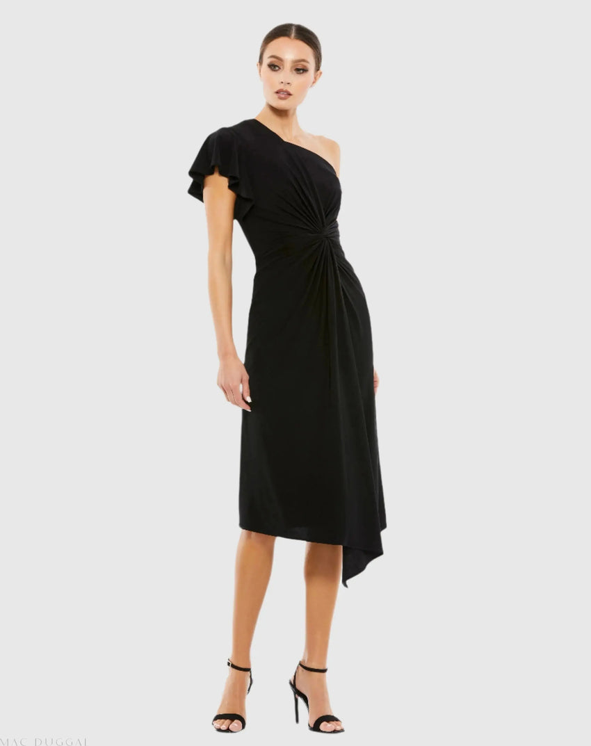 Black One Shoulder Midi Length Jersey Dress
