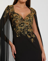 Black and Gold Embellished Column Gown with Chiffon Cape Sleeves