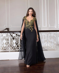 Black and Gold Embellished Column Gown with Chiffon Cape Sleeves