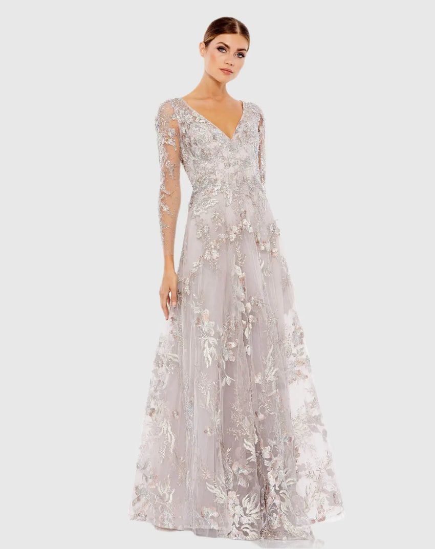 Purple Embroidered Illusion Long Sleeve A Line Gown
