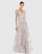 Purple Embroidered Illusion Long Sleeve A Line Gown