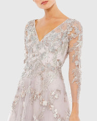 Purple Embroidered Illusion Long Sleeve A Line Gown