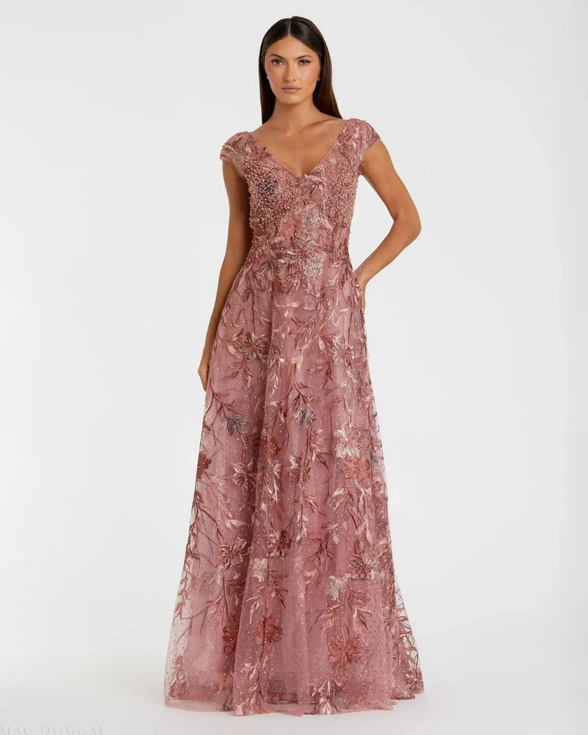 Pink Embroidered Illusion Cap Sleeve A Line Gown