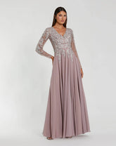 Purple Embellished Illusion V Neck Long Sleeve Gown