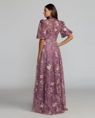 Wisteria Queen Anne Puff Sleeve Embroidered A-Line Gown