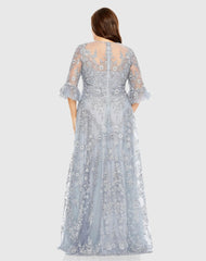 Blue High Neck Flutter Sleeve Embroidered A Line Gown (Plus)