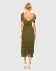 Olive Short Sleeve Fringe Detailed Midi Dress