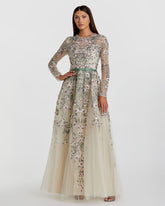 Ivory Long Sleeve Floral Embellished A-Line Gown