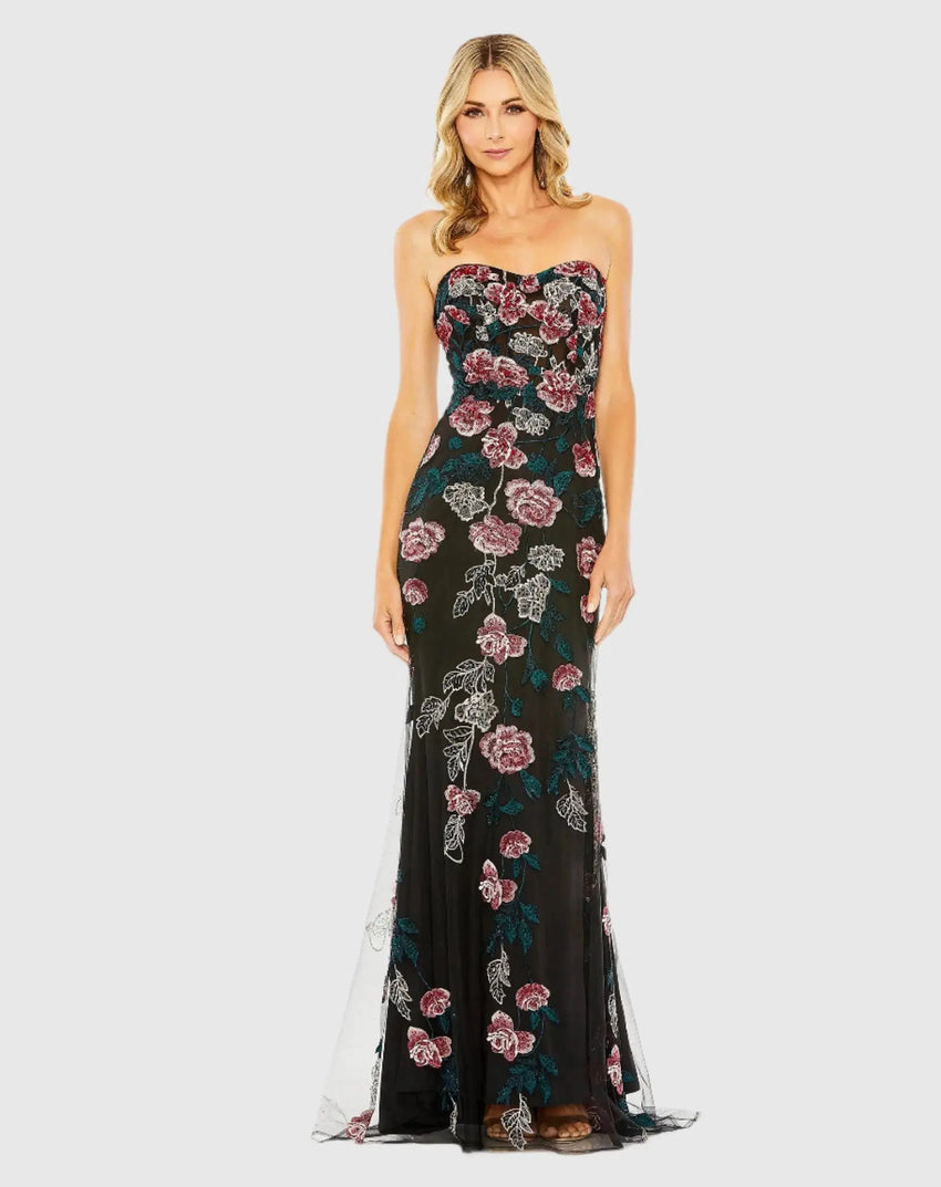 Black Floral Embroidered Strapless Gown