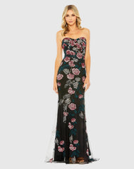 Black Floral Embroidered Strapless Gown