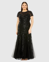 Black Hand Embellished Short Sleeve Gown (Plus)