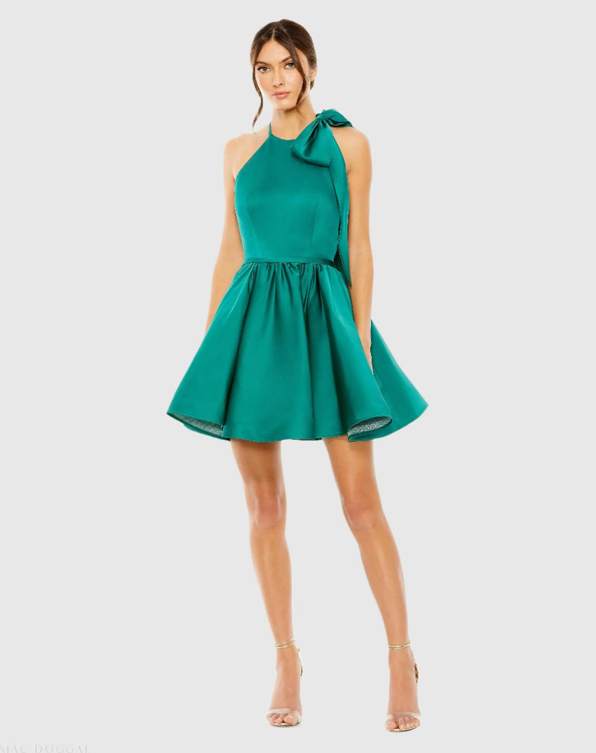 Green High Neck Bow Detail Mini Dress