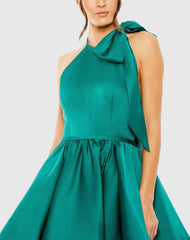 Green High Neck Bow Detail Mini Dress