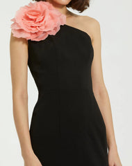 Black Crepe One Shoulder Midi Dress With Flower