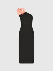 Black Crepe One Shoulder Midi Dress With Flower
