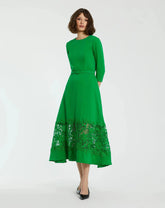 Green Crepe Boat Neck Midi Dress With Applique Cut Out