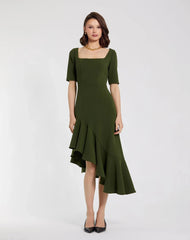 Dark Green Crepe 3/4 Sleeve Asymmetrical Hem Dress - FINAL SALE