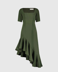Dark Green Crepe 3/4 Sleeve Asymmetrical Hem Dress - FINAL SALE