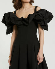 Black Crepe Godet Hem Mini Dress With Faille Ruffle