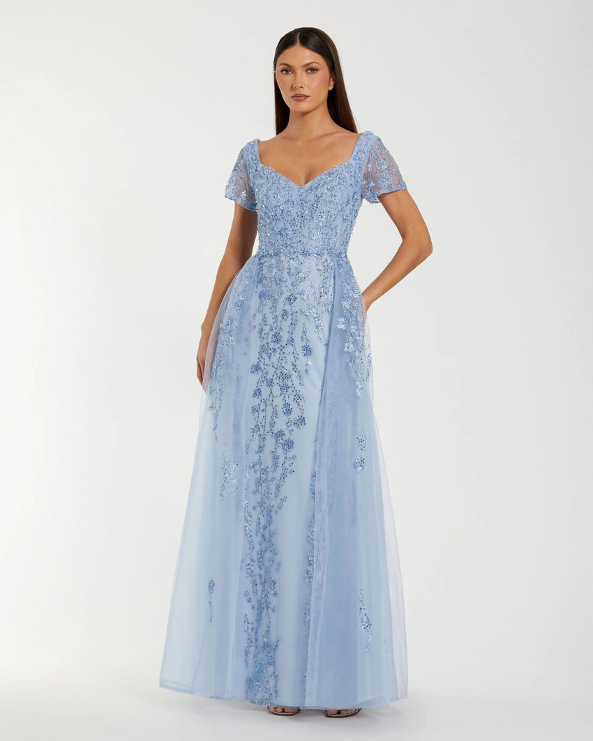 Blue Embroidered Beaded A-Line Gown with Overskirt
