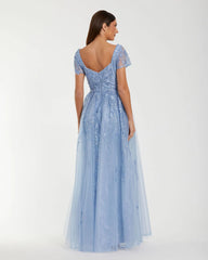 Blue Embroidered Beaded A-Line Gown with Overskirt