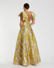 Green Layered Shoulder Bow Metallic A-Line Gown
