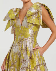 Green Layered Shoulder Bow Metallic A-Line Gown