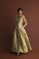 Green Layered Shoulder Bow Metallic A-Line Gown
